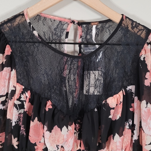 NEW Free People Daphne Blouse Midnight Combo Black Pink Floral Print Crop Top XS - Picture 9 of 16